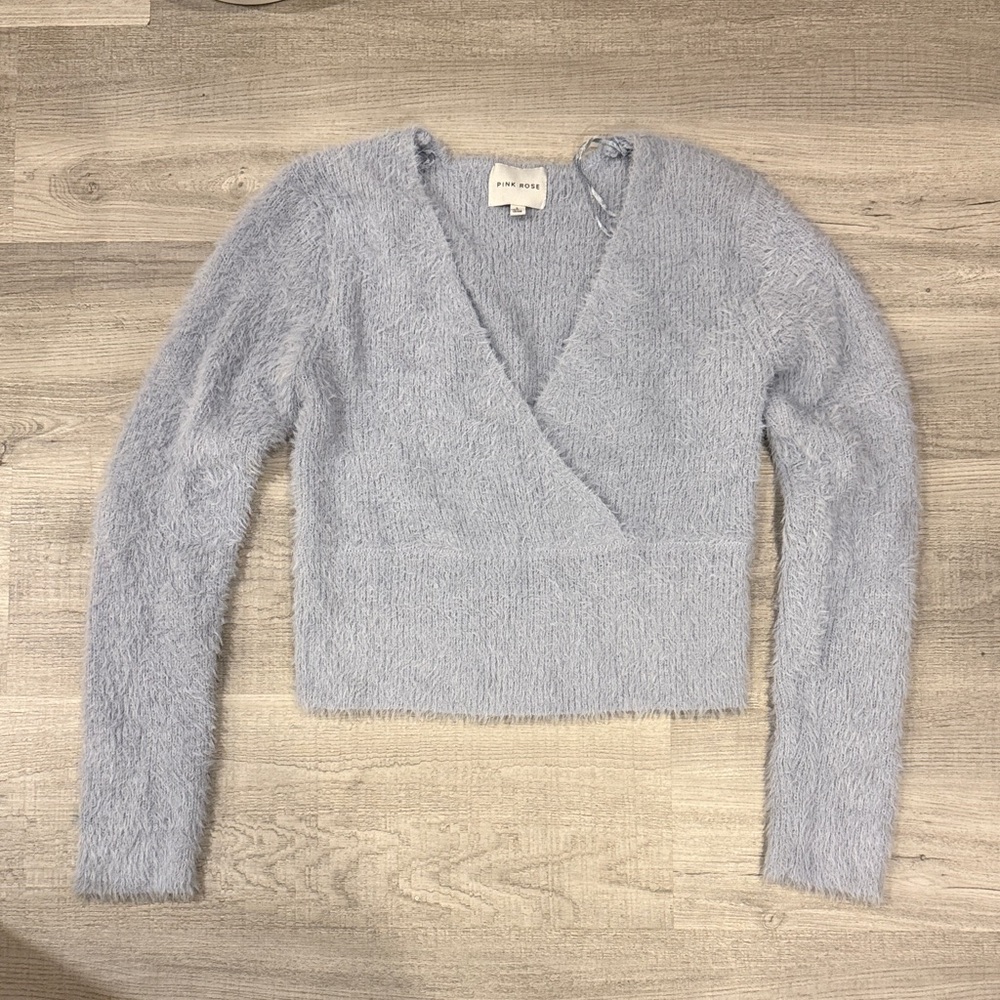 Pink Rose V-Neck Sweater in Soft Gray